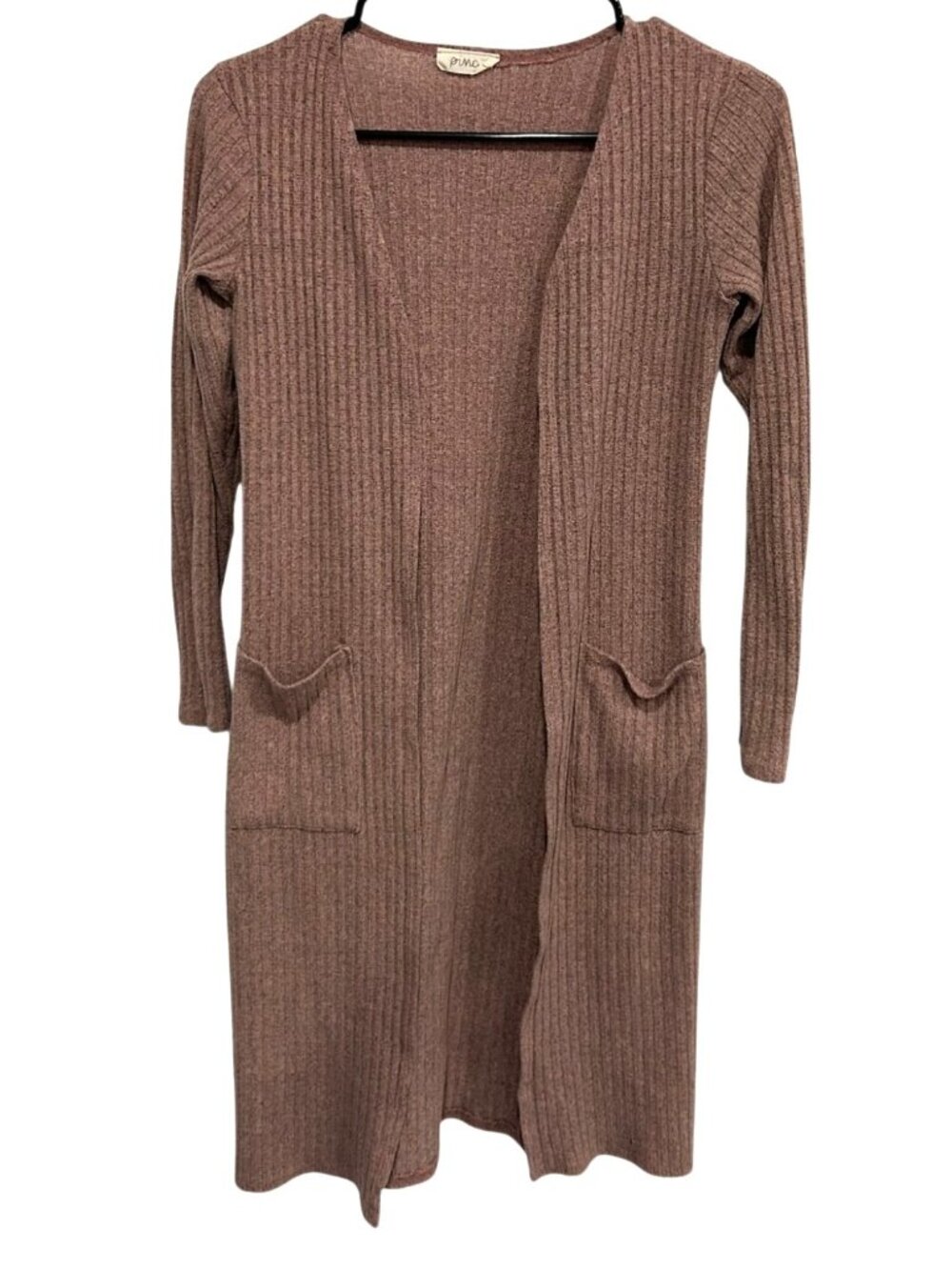 Pinc Small Ribbed Open Front Long Cardigan Pockets Mauve Pink Neutral Aesthetic